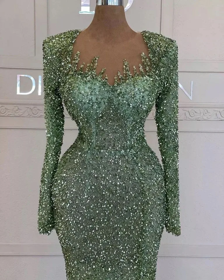 Luxury Sequined Evening Dresses Mermaid Beads Long Sleeve Women Green Formal Prom Graduation Party Gowns for Wedding Customized