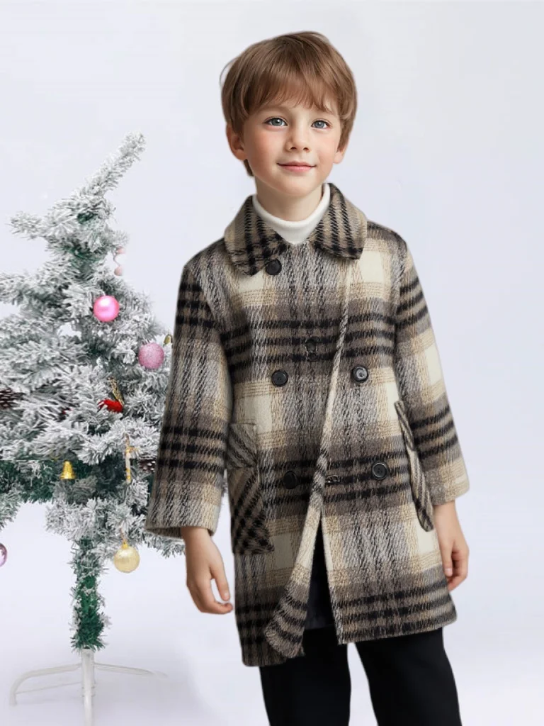 

Boys Windproof Outdoor Long Jacket Gentleman Kids Plaid Winter Thick Warm Warm Wool Coat Children Photography Woolen Coat 3-15Y