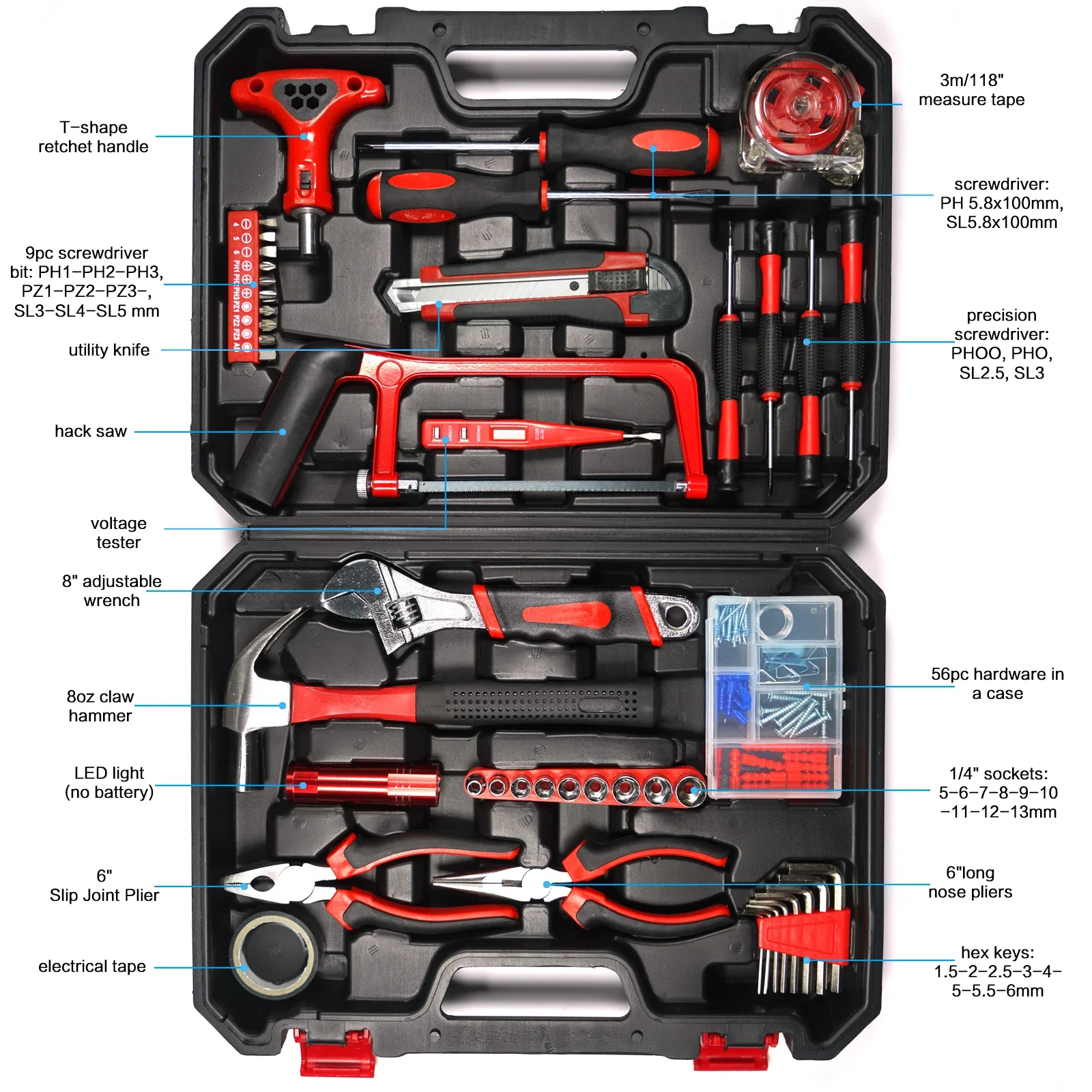 STOENGO 19/43/108pcs Hardware Household Hand Tool Kit Set Household DIY Hand Tool Kit Saw Screwdriver Hammer Tape Wrench Pliers