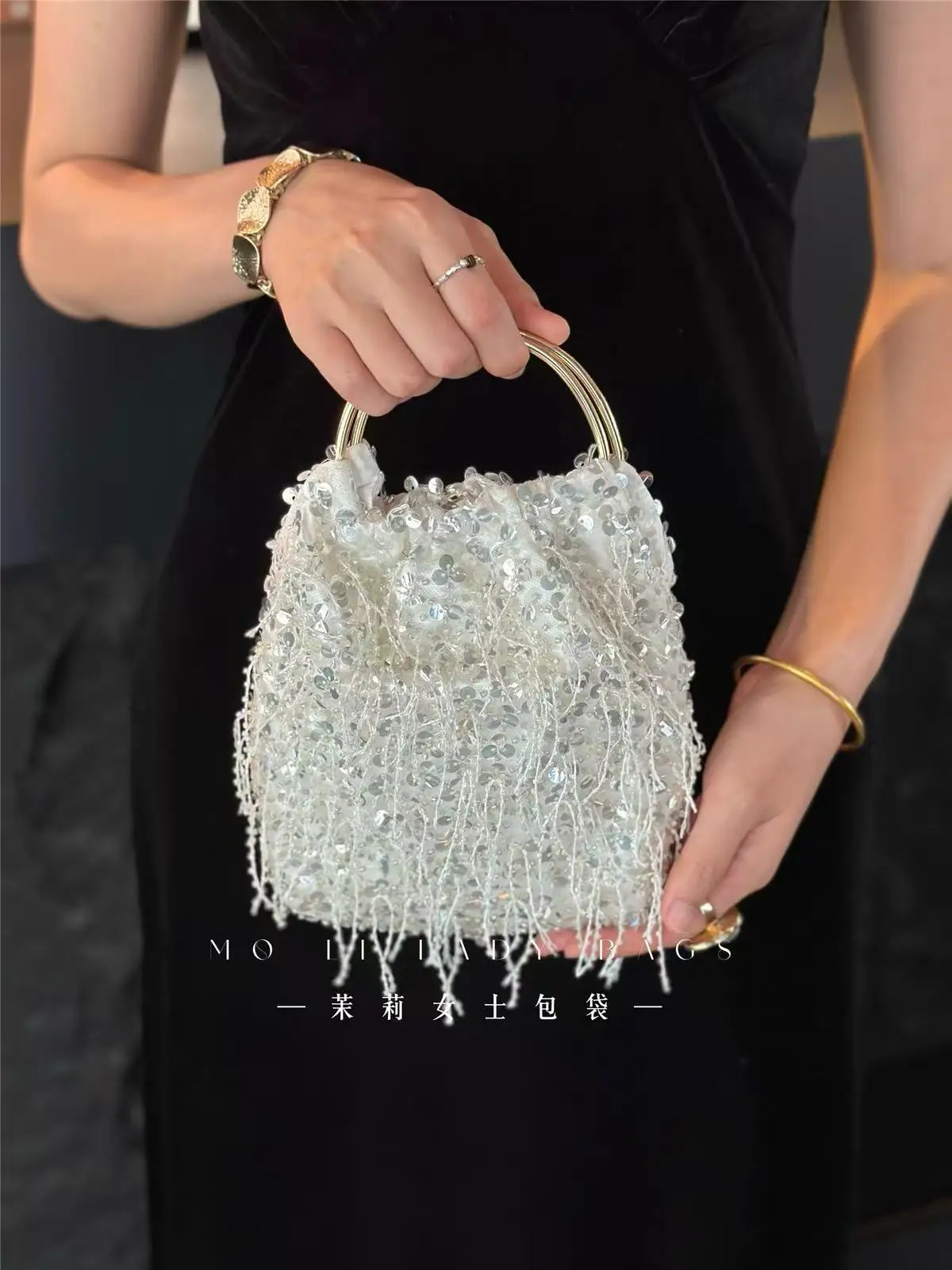 Glitter Shiny Sequins Bucket Bag Fashion Beads Beading Tassel Handmade Women Handbag Luxury Clutch Purse For Wedding Party