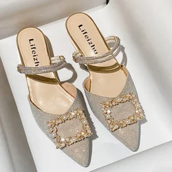 2024 Women 3.5cm High Heels Sexy Nightclub Slides Female Shiny Pearl Diamond Square Buckle Thick Heels Lady Fashion Party Mules