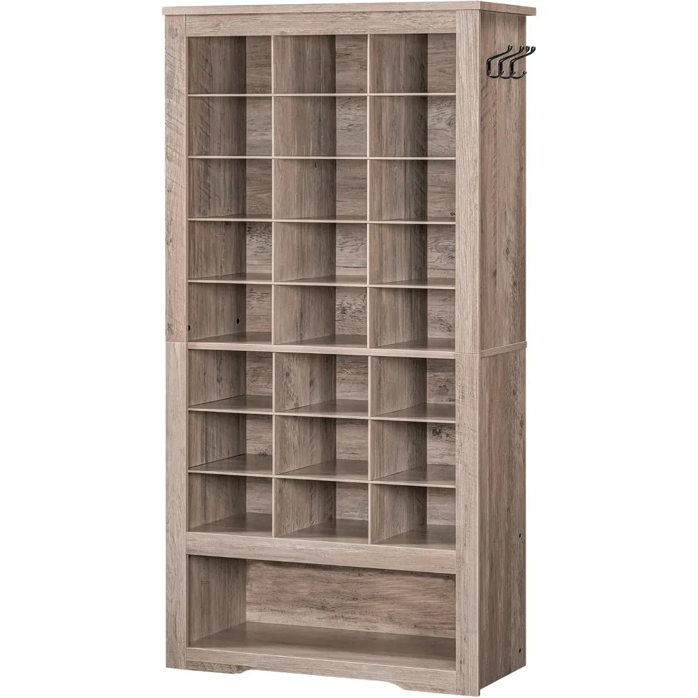 Tall Shoe Cabinet, 9 Tier Shoe Storage Cabinet, Freestanding Wooden Shoe Cabinet Organizer with 24 Cubbies and 3 Hooks