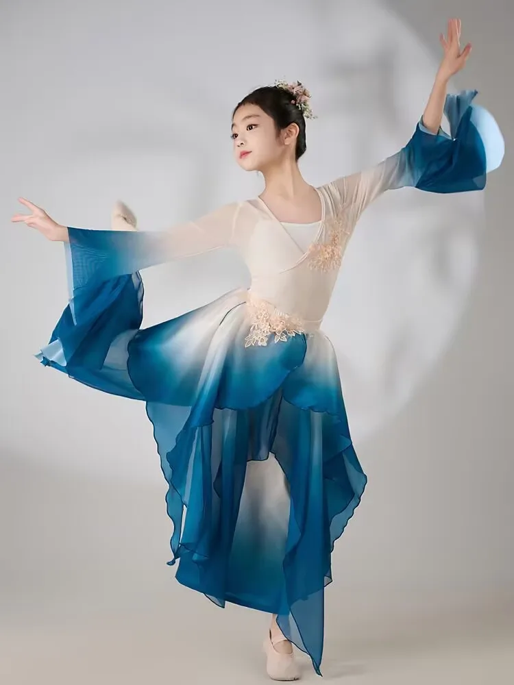 Klassische Tänzerin-Performance-Kostüme für Mädchen, Übungstanzkleidung, Schmetterlingsform, rosa Volkstanzkleid im chinesischen Stil für Kinder