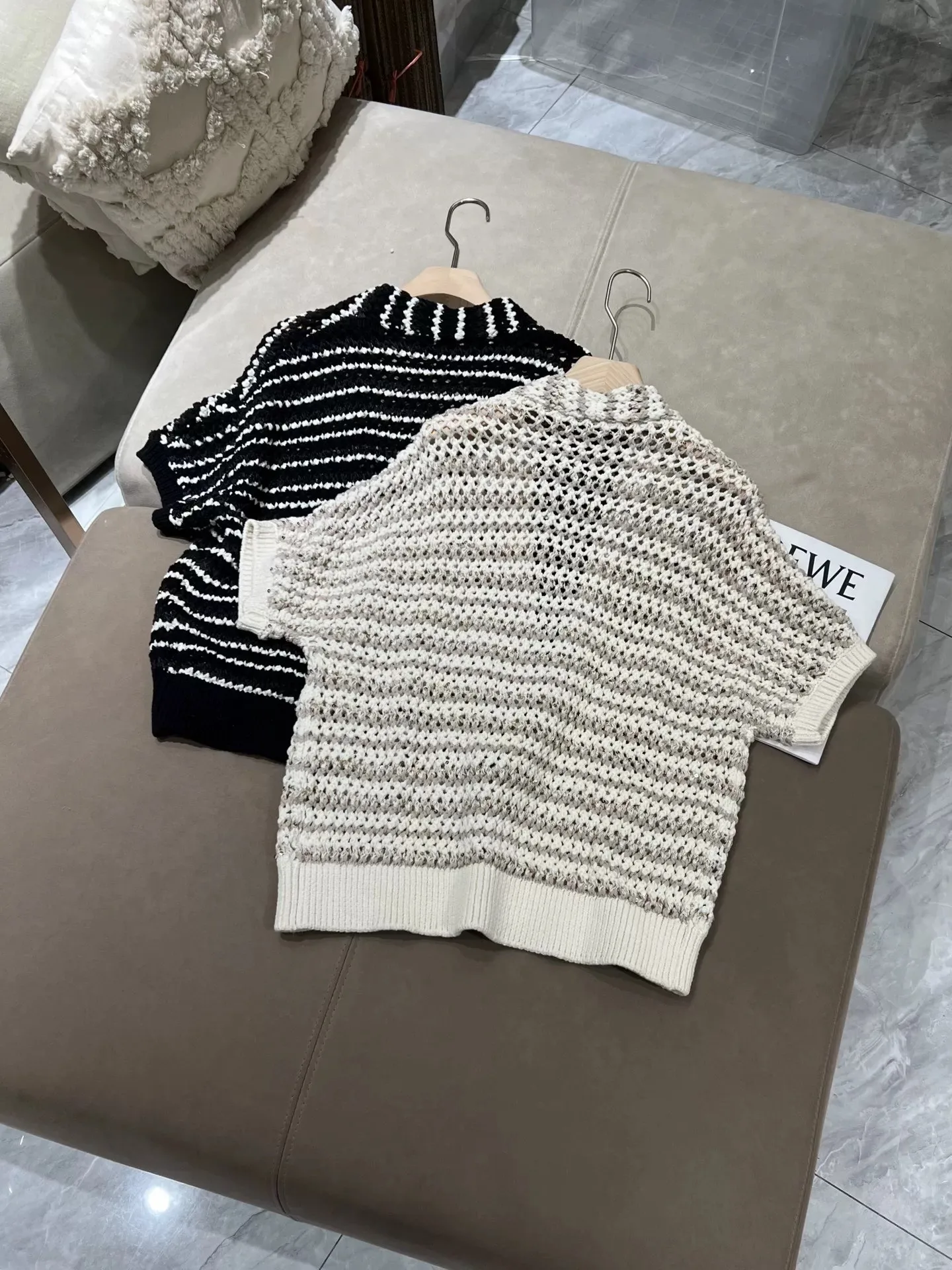 

Women Sequined Striped Knitted Cardigan 2026 New Short Sleeve V-Neck Elegant Ladies Cotton Blend Sweater