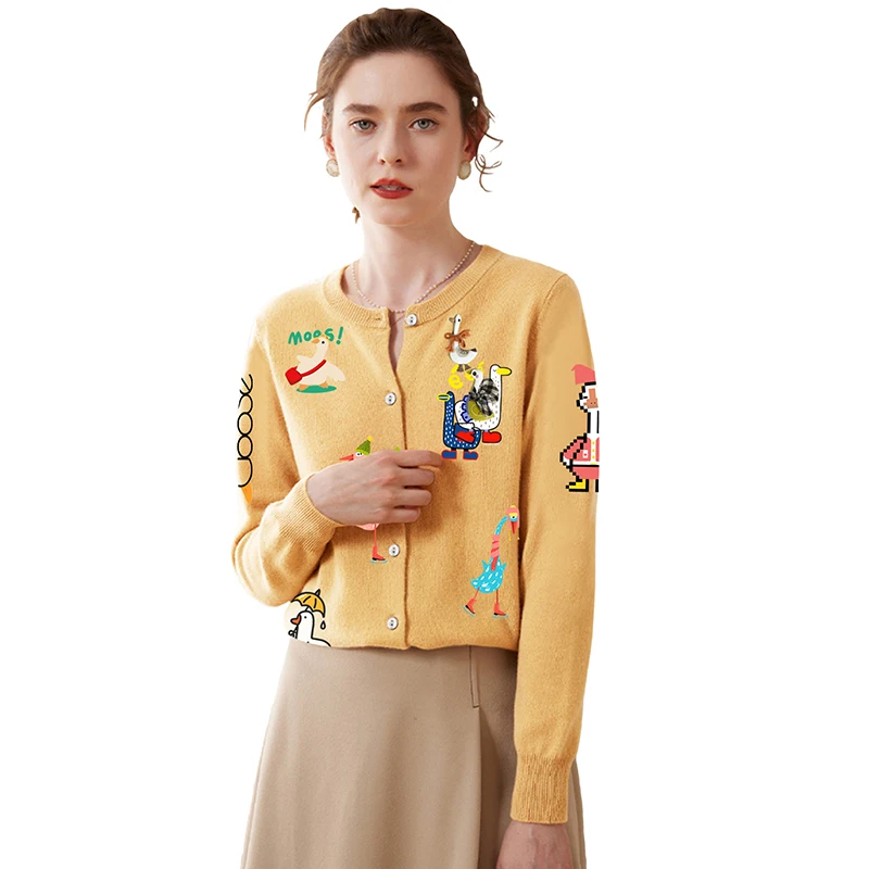 

Женский кардиган, медведь, собака, кролик, слон, гусь, графика, животное, кукла, брошь, круглая шея, шерсть, открытая передняя пуговица, свитер с длинными рукавами