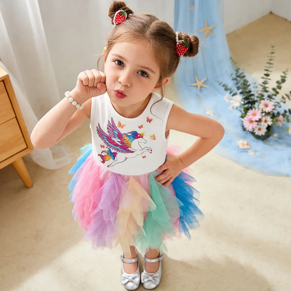 Girls Sleeveless Summer Dress Kids Unicorn Butterfly Print Tutu Dress Kids Birthday Party Fluffy Layered Rainbow Princess Frocks