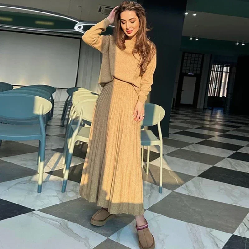 Women\'s Sweater Set Temperament Commuter O-neck Long Sleeves Pleated Skirt Solid Color Offie Ladies Elegant Knited Suit Skirts