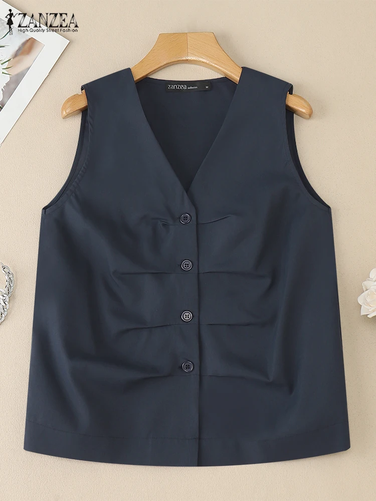 

ZANZEA 2025 повседневные рубашки без рукавов, женские летние плиссированные рубашки с v-образным вырезом на пуговицах, однотонные жилеты для путешествий, топы, уличная одежда 3XL