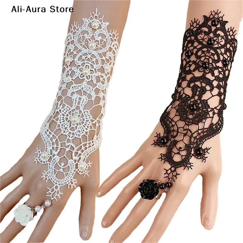 1Pcs Women Goth Rose Beads Flower Lace Slave Glove Adjustable Ring Long Bracelet