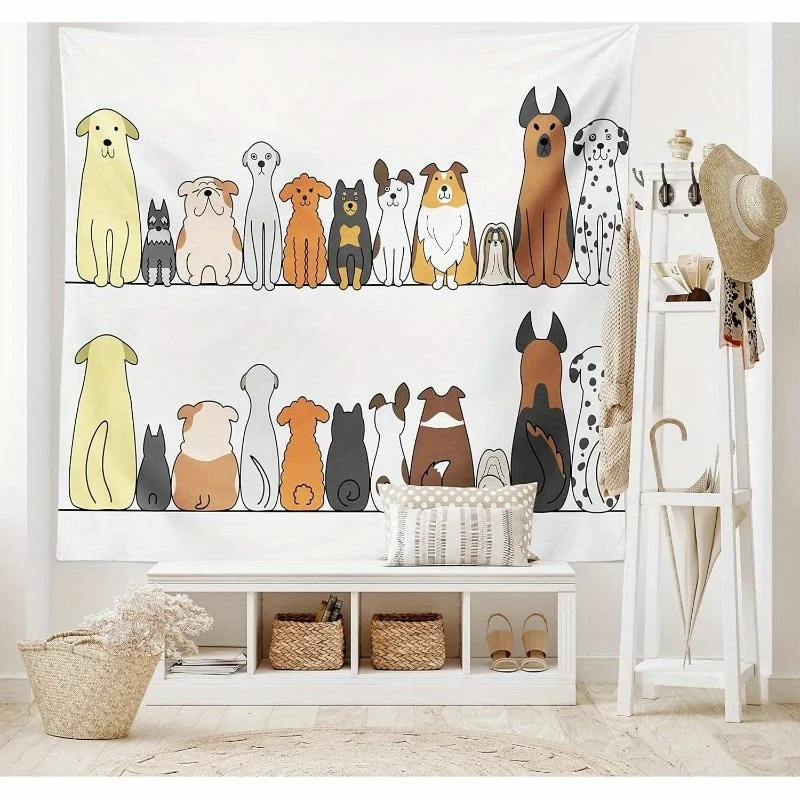 1pc Reversible Dog Family Tapestry Wall Art - Cute Cartoon Dog Illustrations, Horizontal Design for Bedroom, Living Room & Dorm