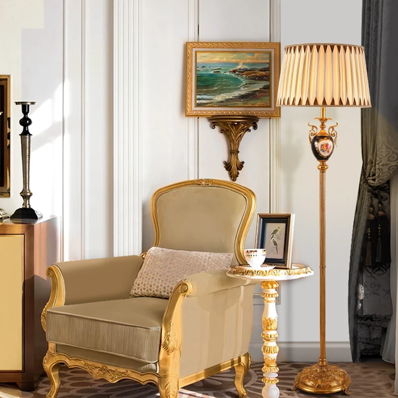 European Simple Living Room Fabric Shade Brass Standing Light French Style Bedroom Study Copper Hand Painted Ceramic Floor Lamp image 2