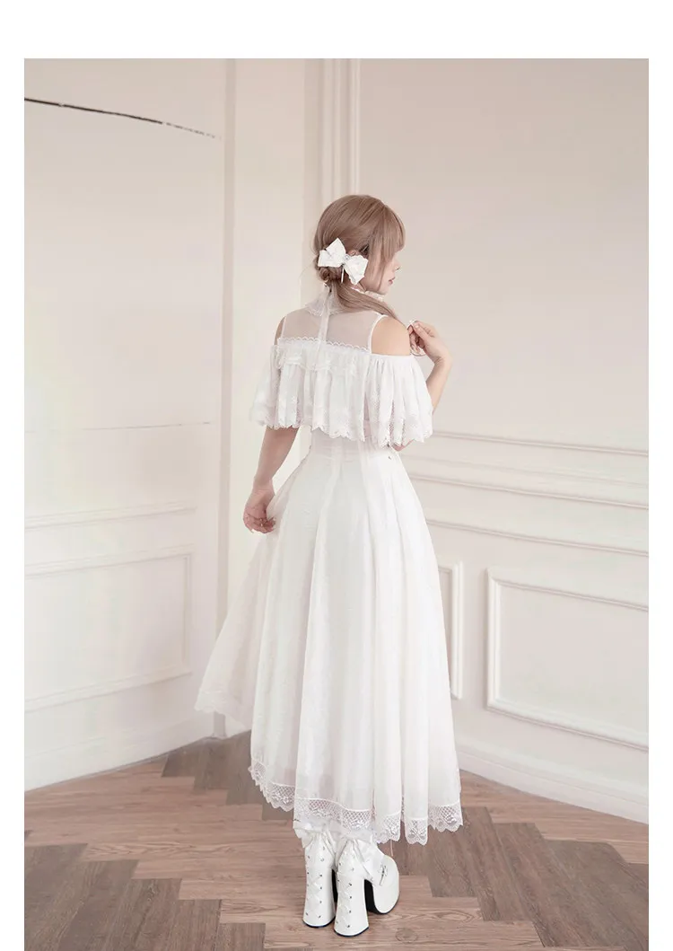Elegant White Lolita One‑Piece Dress Cold Shoulder Lace Ruffle High Waist Corset Floor‑Length Dress Summer Dress