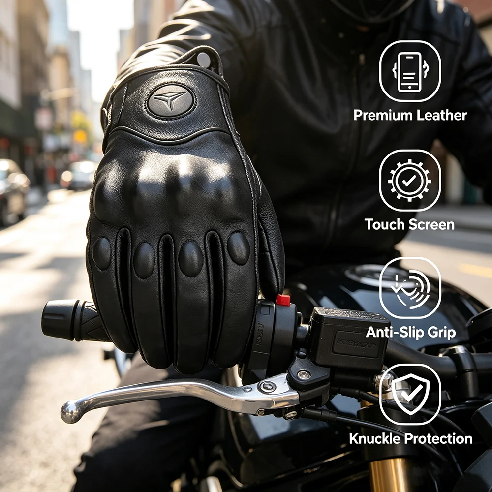 Men Women All Seasons Motorcycle Riding Gloves Leather Carbon Fiber Reinforced Thermal Windproof Motocross ATV Touchscreen Glove