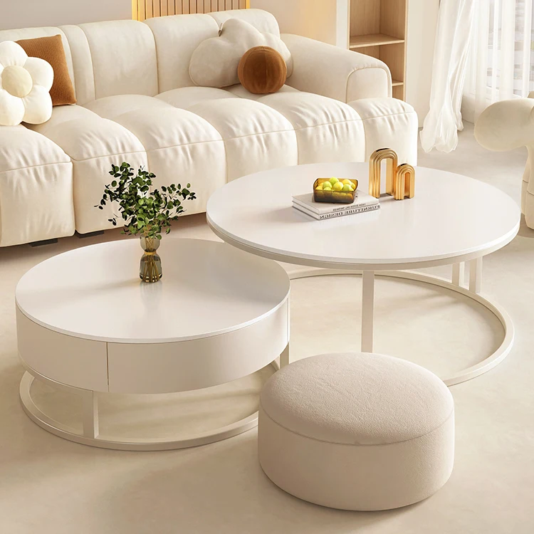Modern Luxury Wooden Marble Round Coffee Table Set White with Storage Multifunction Extendable Design Living Room Furniture
