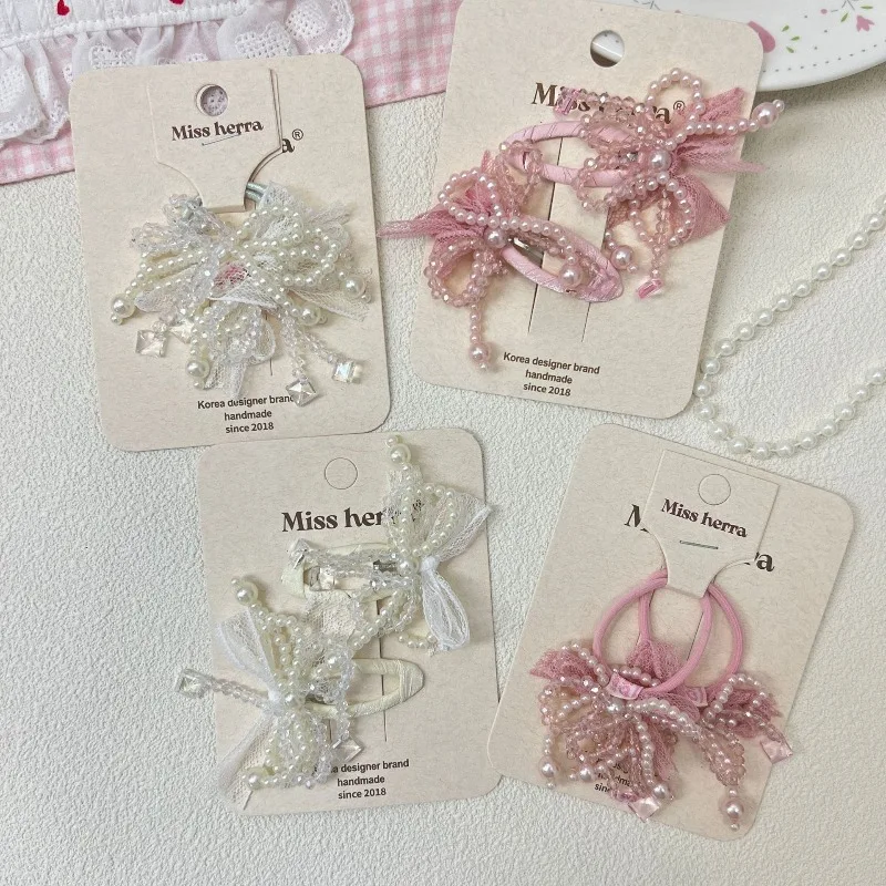 

Sweet Children's Lace Pearl Bow Mesh BB Clips & Hair Ropes Fashion Hair Accessories for Girls Lightweight Non Slip Daily Wear