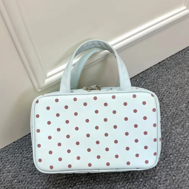 

Portable Polka Dot Handbag,Fresh Mint Green Exquisite Storage Bag,Multi-layer Multi Functional Large Capacity Travel Makeup Bag