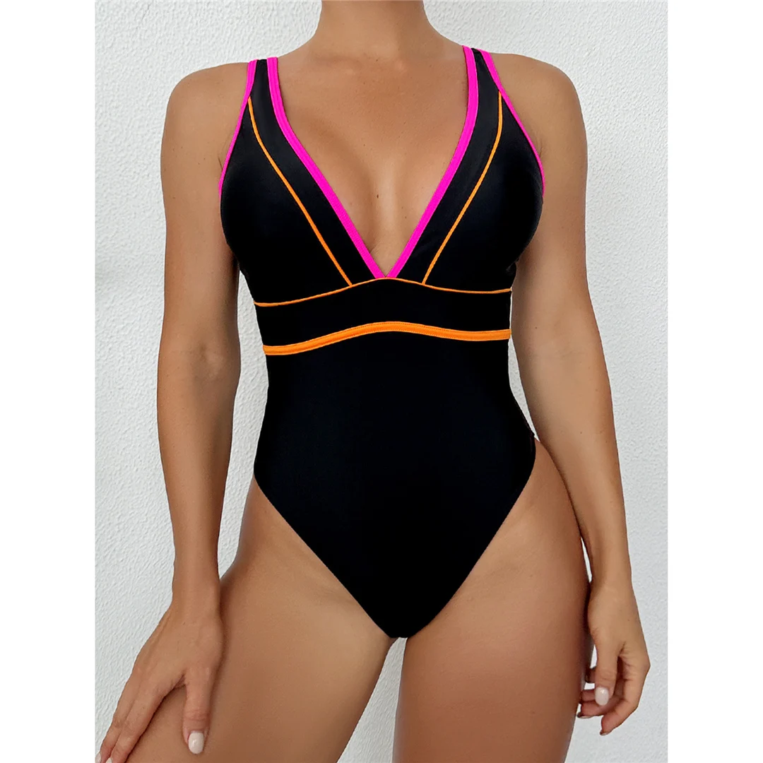 Neuer, tief ausgeschnittener Damen-Badeanzug mit V-Ausschnitt, einteilig, mit hohem Beinausschnitt, gepolstert, Monokini, Badebekleidung, Badeanzug, Modell V6027. – Detail 8