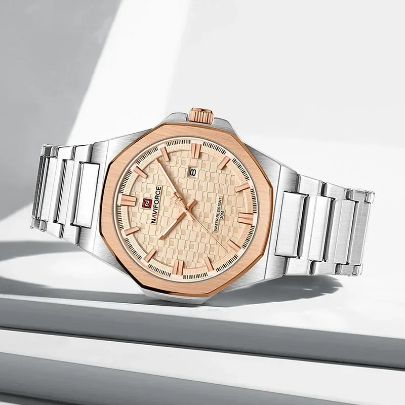 นาฬิกาข้อมือผู้ชาย NAVIFORCE รุ่นใหม่ สไตล์ลำลอง สปอร์ต ควอตซ์ สายสแตนเลส กันน้ำ พร้อมปฏิทิน บรรจุภัณฑ์ของขวัญ