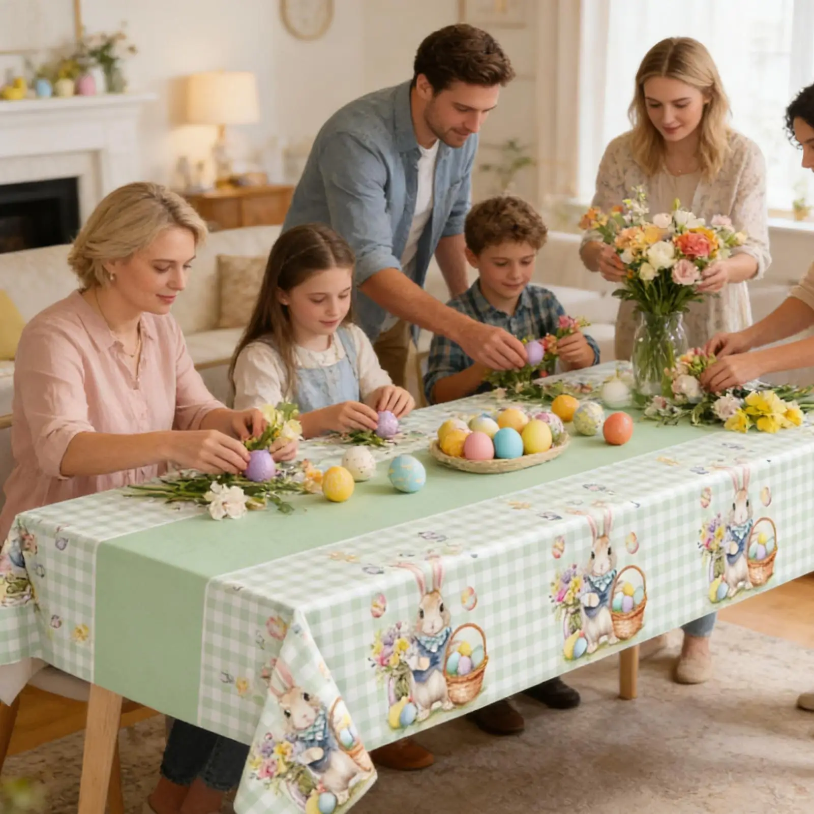 Easter Bunny Eggs Tablecloth for Table Decor Spring Watercolor Floral Plants Butterfly Table Cloth Easter Decorations