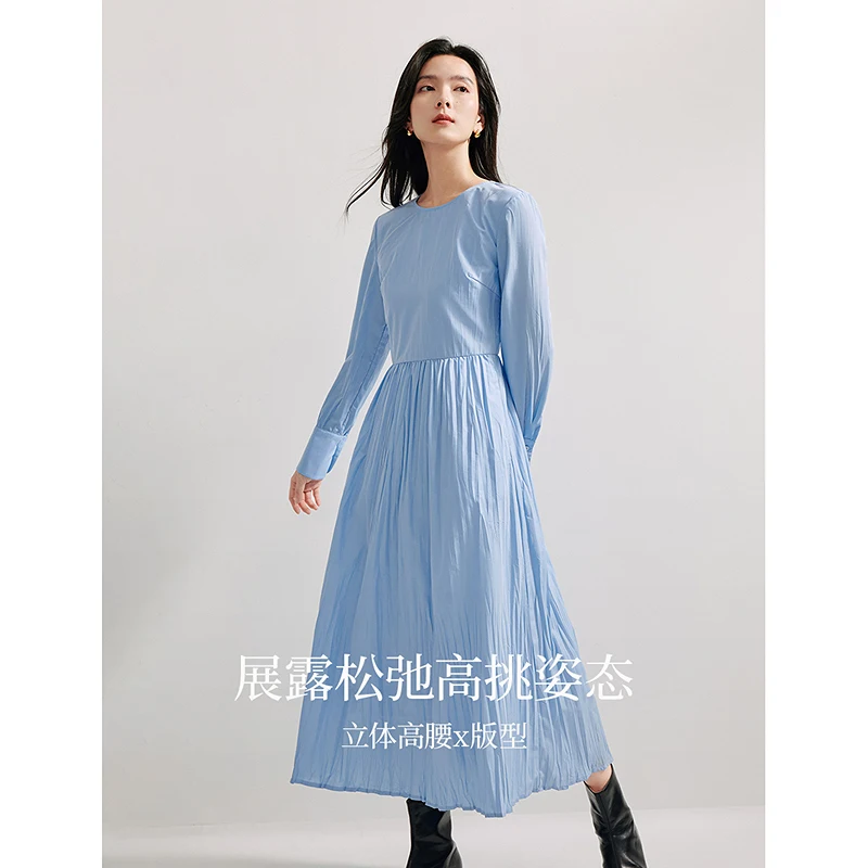 INMAN 2024 autumnwinter French chic women\'s dresses Pleated Design long-sleeved loose waist long skirts