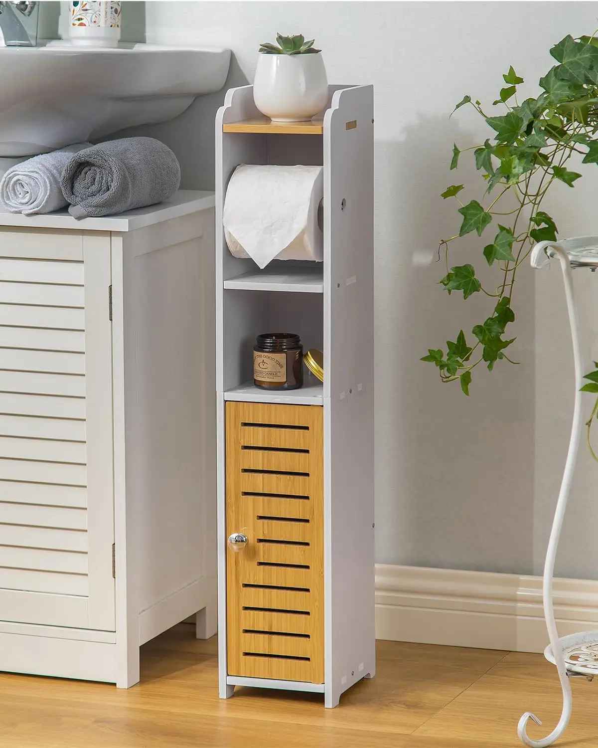 

Small Bathroom Storage Cabinet with Toilet Paper Holder: Waterproof PVC, Wall-Mountable for Space-Saving Organization