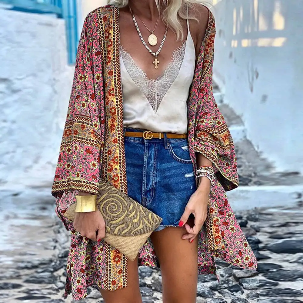 Women Long Sleeve Cardigan Summer New Thin Loose Bohemian Print Mid-length Cardigan Holiday Fashion Vintage Sunscreen Jacket