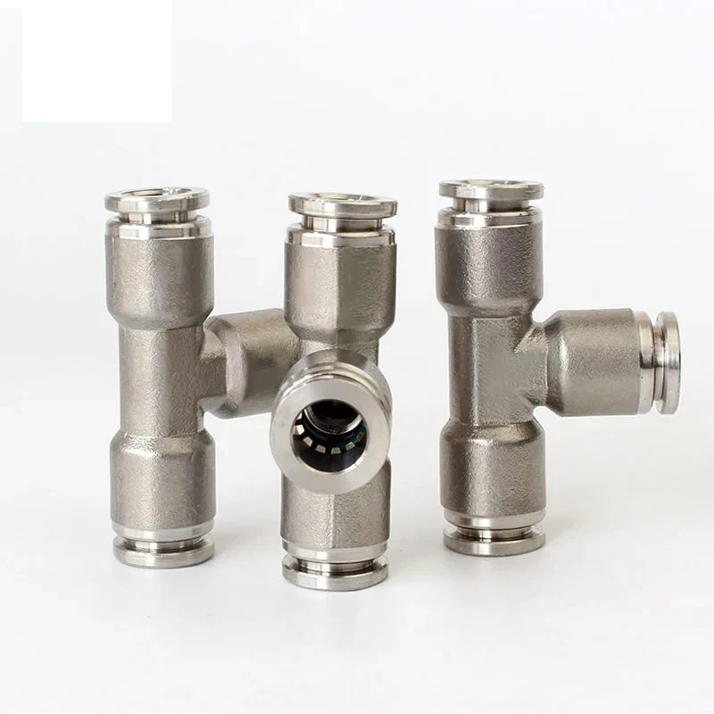 10PCS 304 Stainless Steel Pneumatic Connector Quick-plug Quick Connector T-type Tee PE-4/6/8/10/12/14/16 Fittings