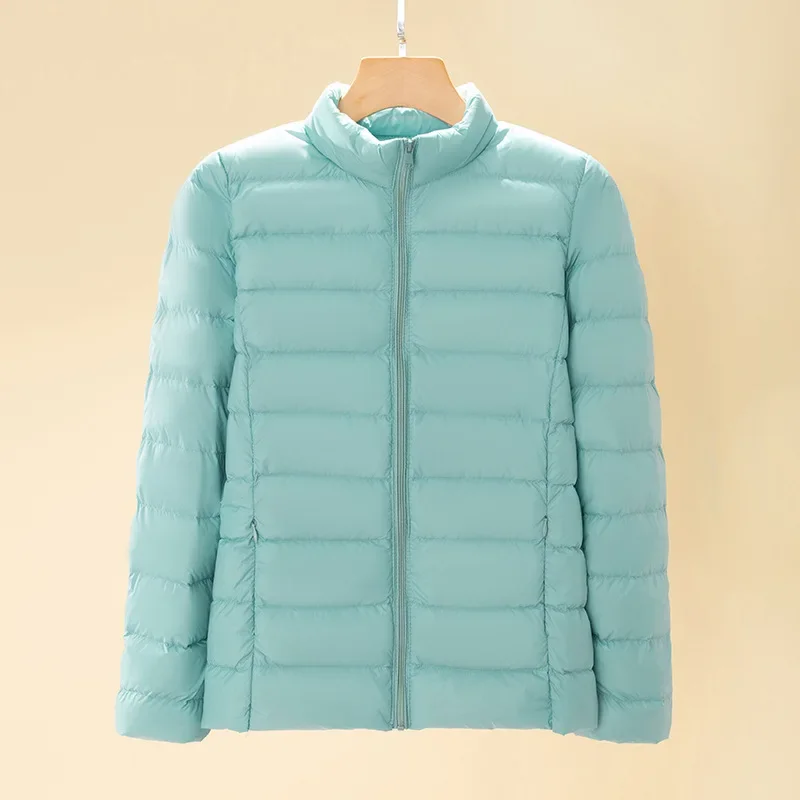 2025New Arrivlas otoño primavera coreano ajustado plumón de pato blanco cálido abrigo femenino mujeres moda corta chaquetas acolchadas con cuello levantado