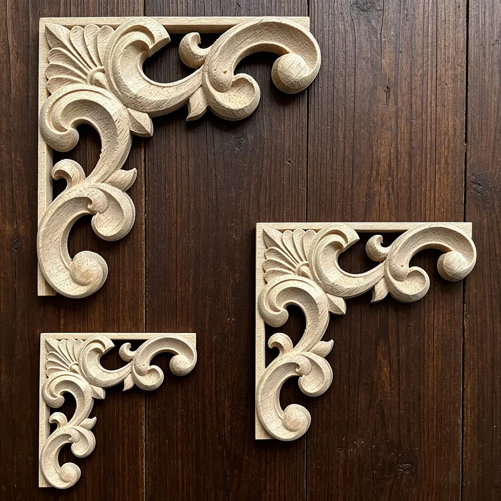 

4PCS Woodcarving Decal Corner Applique Frame Door Decorate Wall Doors Furniture Wooden Miniature Franch Hollow Flower