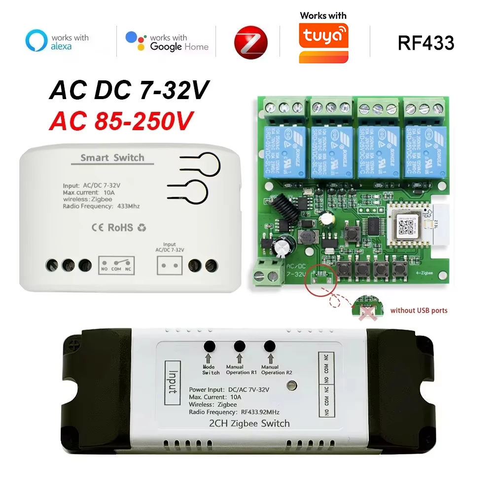 Zigbee 1 2 4 Gang Switch Relay Module Dc 12v 24v 220v Dry Contact 4CH Din Rail Controller Works with Tuya Alexa Gateway Required