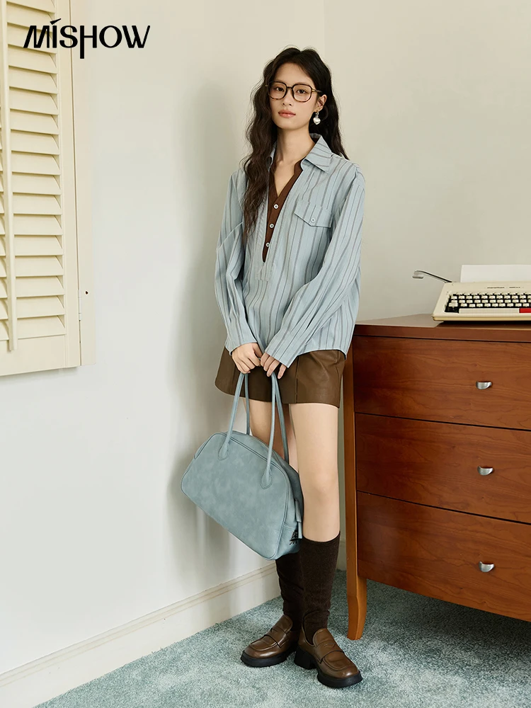قميص MISHOW مخطط من الجلد الخوخي للنساء لخريف 2025 بياقة مزدوجة الطبقات وألوان متباينة قميص للتنقل MXE47C2408 #3