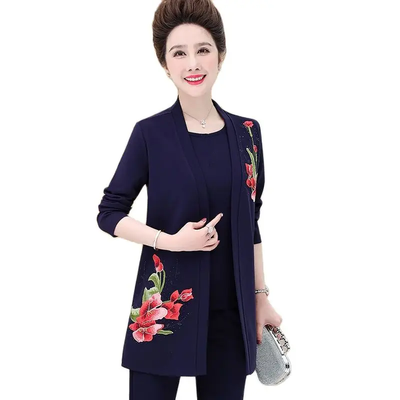 2024 Spring Autumn Women Elegant Three Piece Sets Floral Printed Long Coat + Short Tops And Loose Pants Suits Mother Sets 5XL