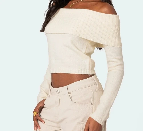 

Новый европейский и американский вязаный топ, женский однотонный пуловер на одно плечо с длинными рукавами, свитер