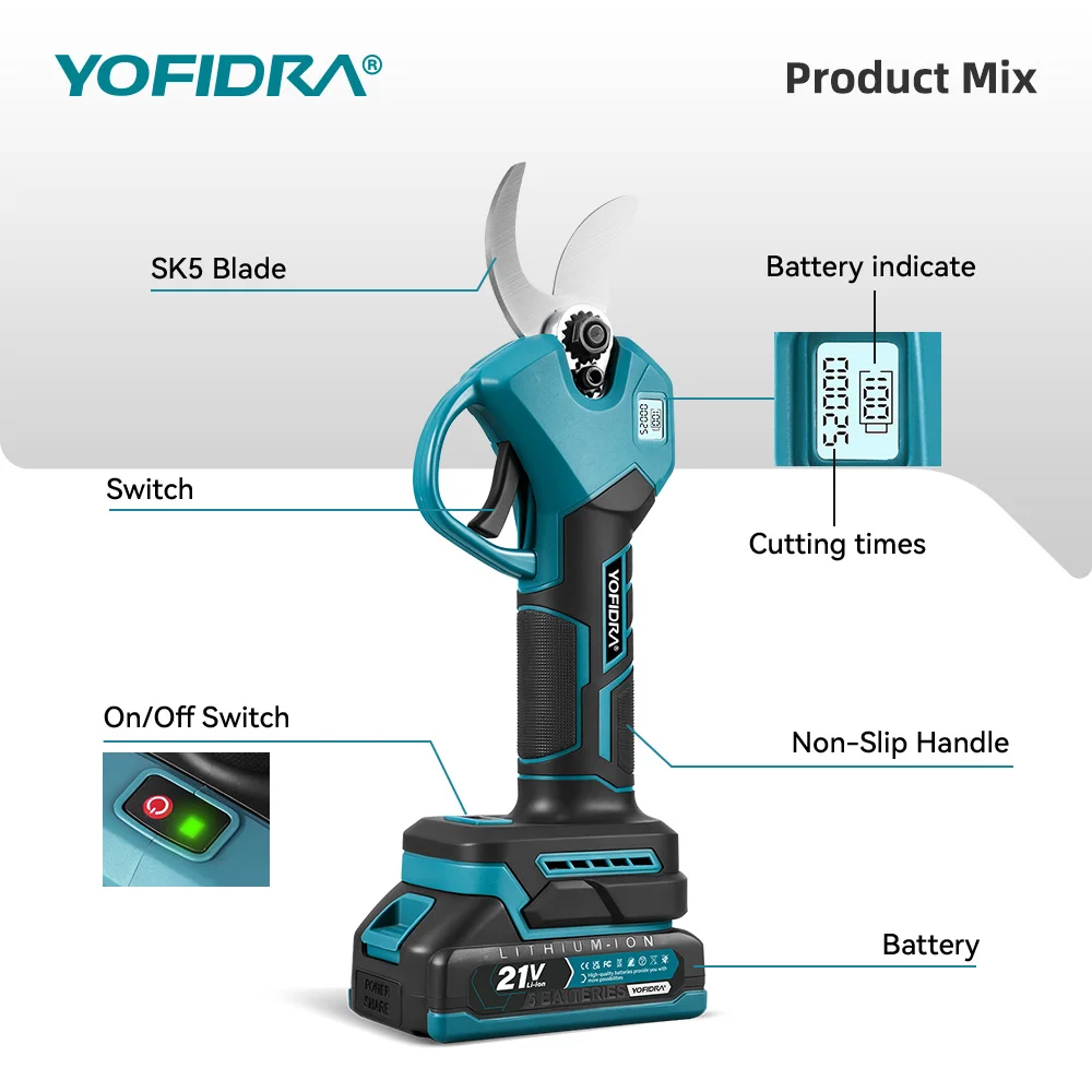 Yofidra Brushless Electric Pruner Pruning Shear 30mm Rechargeable Scissors Garden Power Tools Fit For Makita 18V Battery Pin