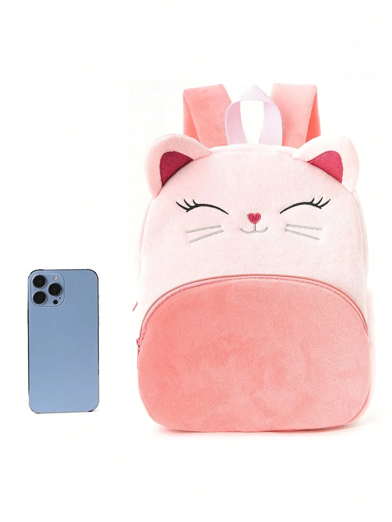 Sac à dos en peluche rose pour enfants, chaton brodé, dessin animé mignon, grande capacité, filles et enfants, classique, 1 pièce