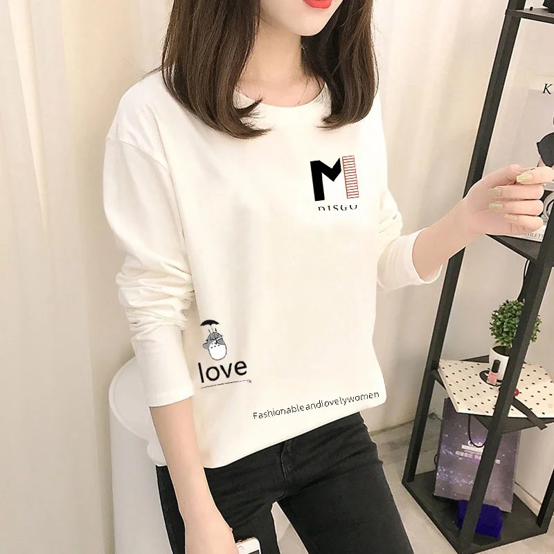 Spring Autumn Women Long Sleeve T-shirt Student Top Round Neck Body Shirt Loose Style Polyester Fabric Comfortable Casual Style