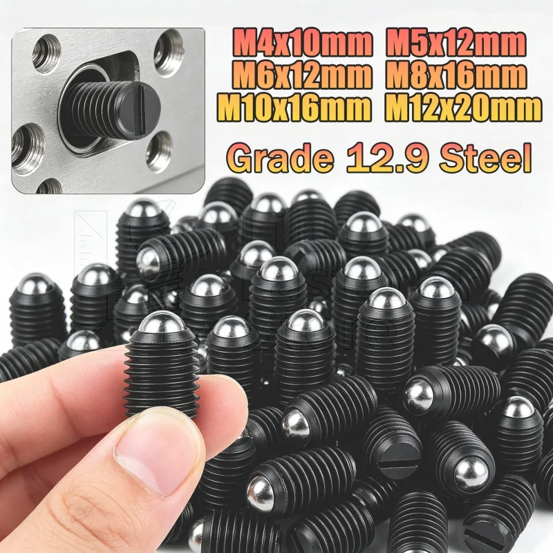 12.9 Grade Black Slotted Spring Ball Plunger Set Screw Headless Grub Bolt Dia 4/5/6/8/10/12mm Spring Loaded Locating Fastener