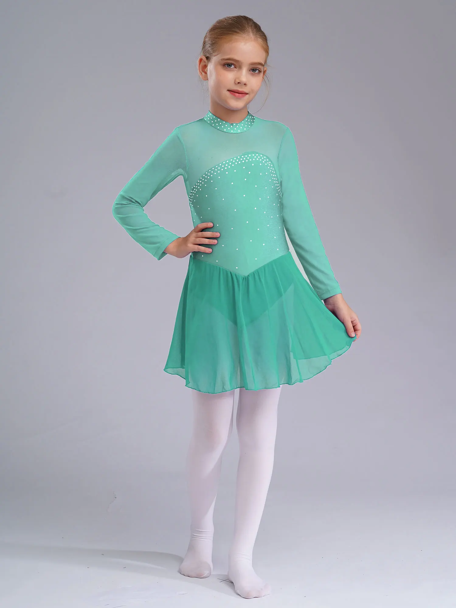 Kinder Mädchen Glänzende Strass Ballett Tanz Kleid Lange Ärmel Schlüsselloch Zurück Eiskunstlauf Rollschuhlaufen Trikot Dancewear