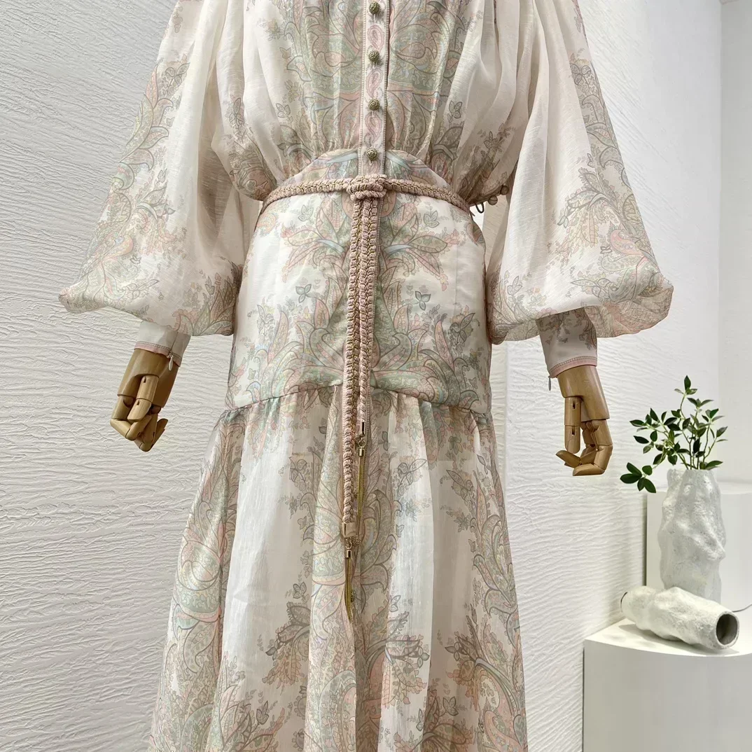 Robe longue en lin pour femme, col montant, manches longues lanterne, cachemire vintage, Re-tro Maxi, nouveautés, automne, inj2024