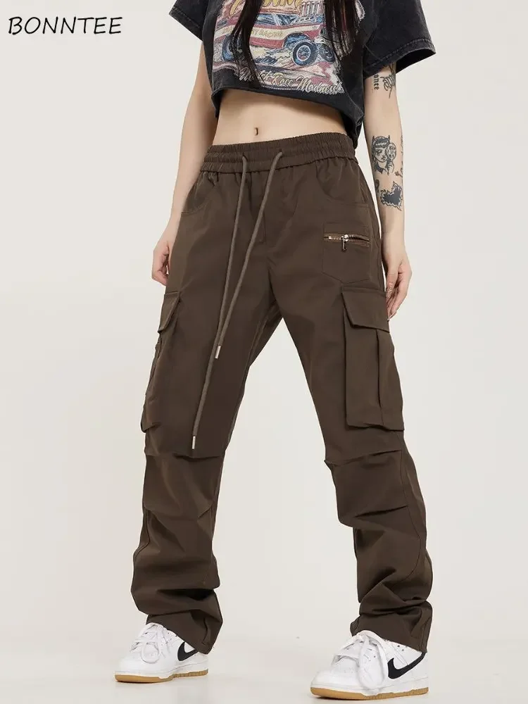 

Casual Pants Women American Style Streetwear Cargo Trousers Autumn Elastic Waist Loose Pockets Tech Wear Solid All-match Girls