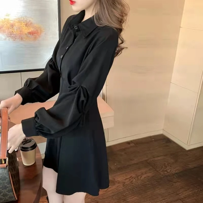 Fashion Black Wrap Shirt DressWomen Office Ladies Elegant Short Dresses2023 Korean Style  Casual Robes Female Autumn