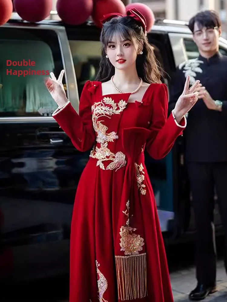 

Красное китайское свадебное платье с длинными рукавами для церемонии чаепития, осенне-зимней свадебной церемонии и помолвки