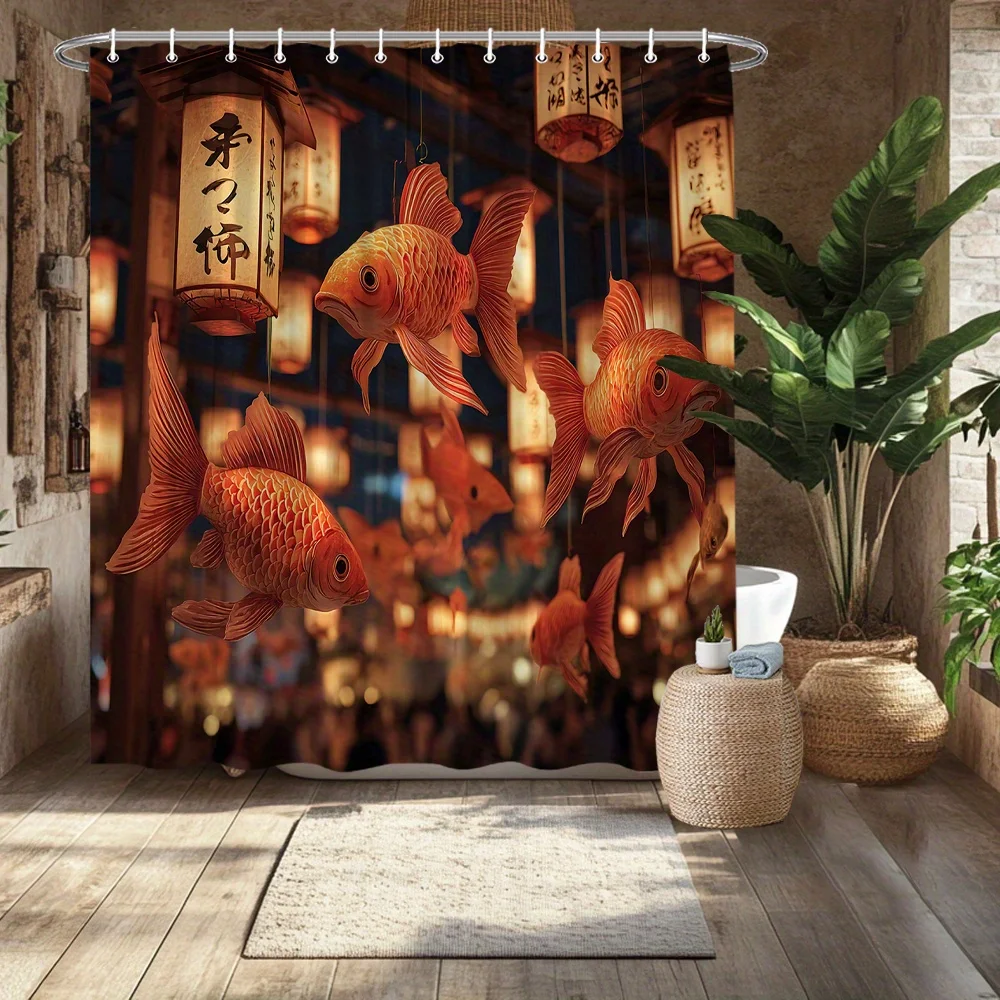 Waterproof Polyester Koi Fish Japanese Lantern Shower Curtain Bathroom Pond Decor Oriental Style Liner