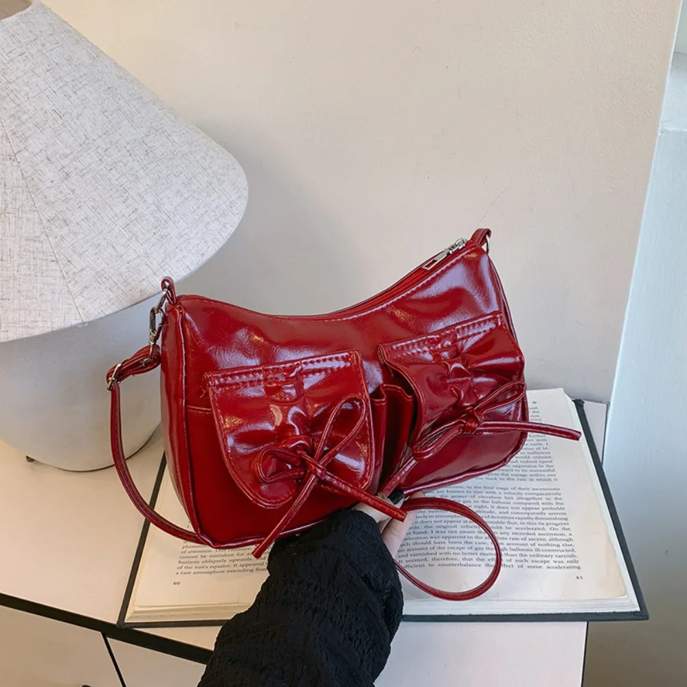 

Korean Style Bowknot Crossbody Bag Solid Color Pleated Y2k Shoulder Bag Drawstring Strap Shopping Bag Pu Dumpling Bag Travel