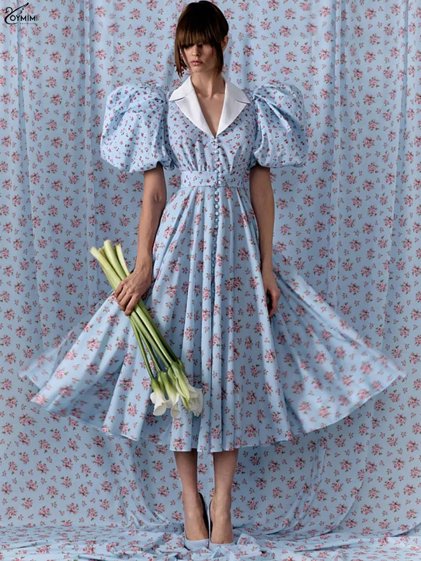

Oymimi Elegant Blue Print Women's Dress Fashion Patchwork Short Sleeve Button Dresses Autumn Casual High Waisted Loose Dresses