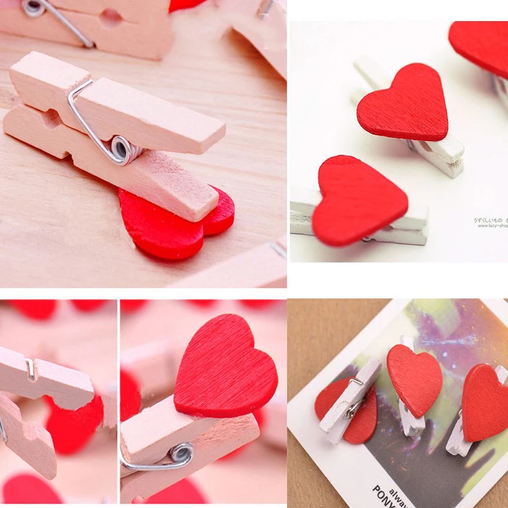 20/50Pcs Mini Loving Red Heart Shape Wood Clips Handicrafts Photos Papers Clothes Pegs Home Bachelorette Party Decorations