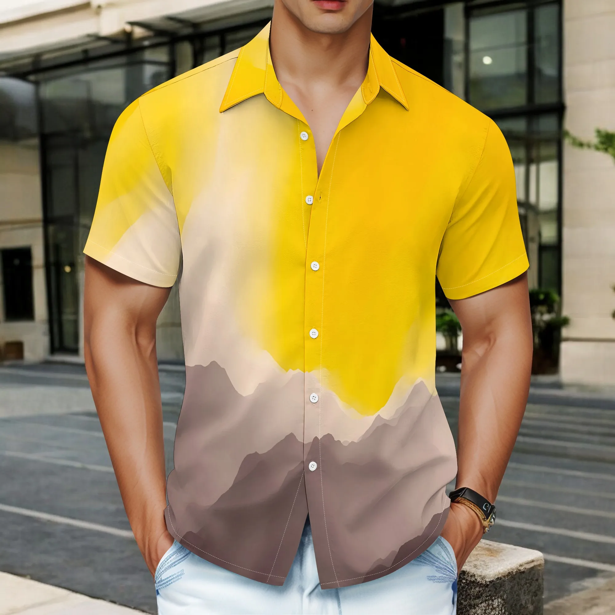 

YEAE Gradient Mountain Pattern Shirt for Men Summer Casual Short Sleeve Top