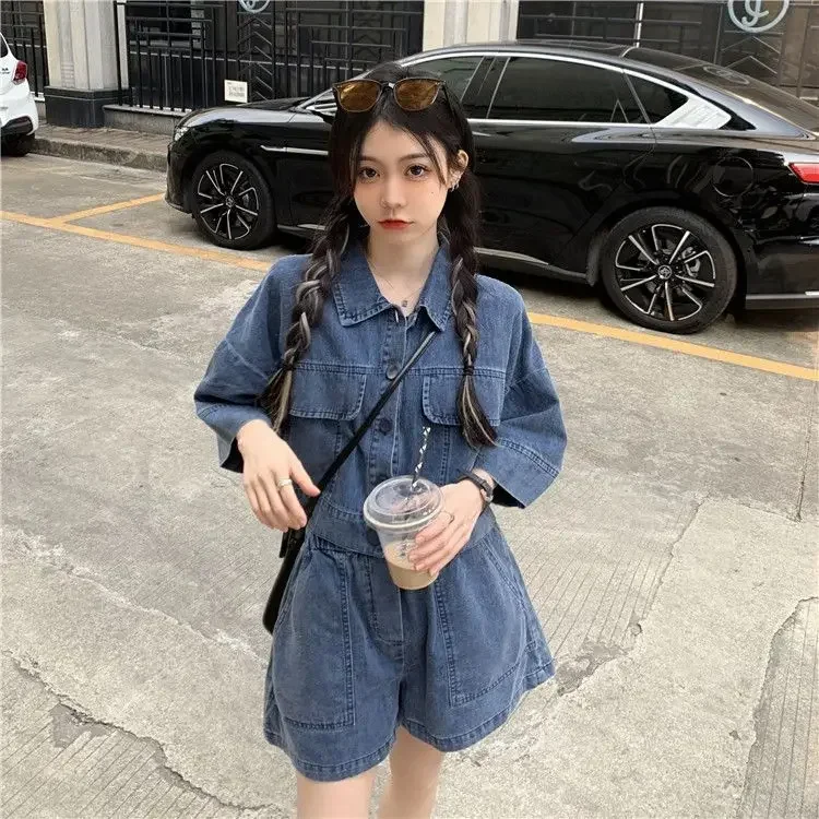 Summer Vintage Denim Shorts Set Women Fashion Age Reducing Polo Neck Half Sleeve Shirt Top Casual Loose Shorts Two Piece Set