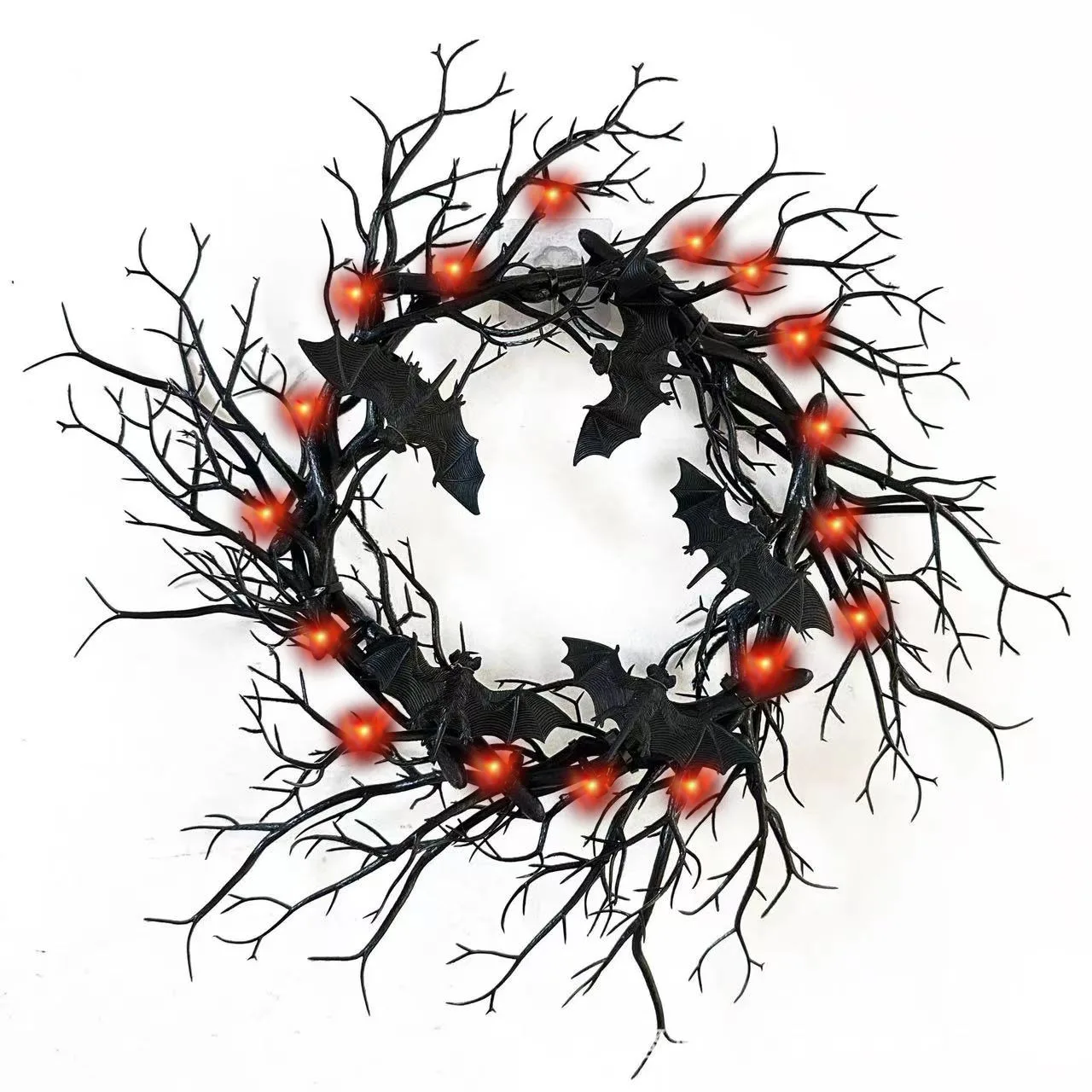 LEDライト付きバットスパイダーブラックブランチリース、ウィンドウフラワーガーランド用リース、ハロウィーン装飾用リース、赤と紫