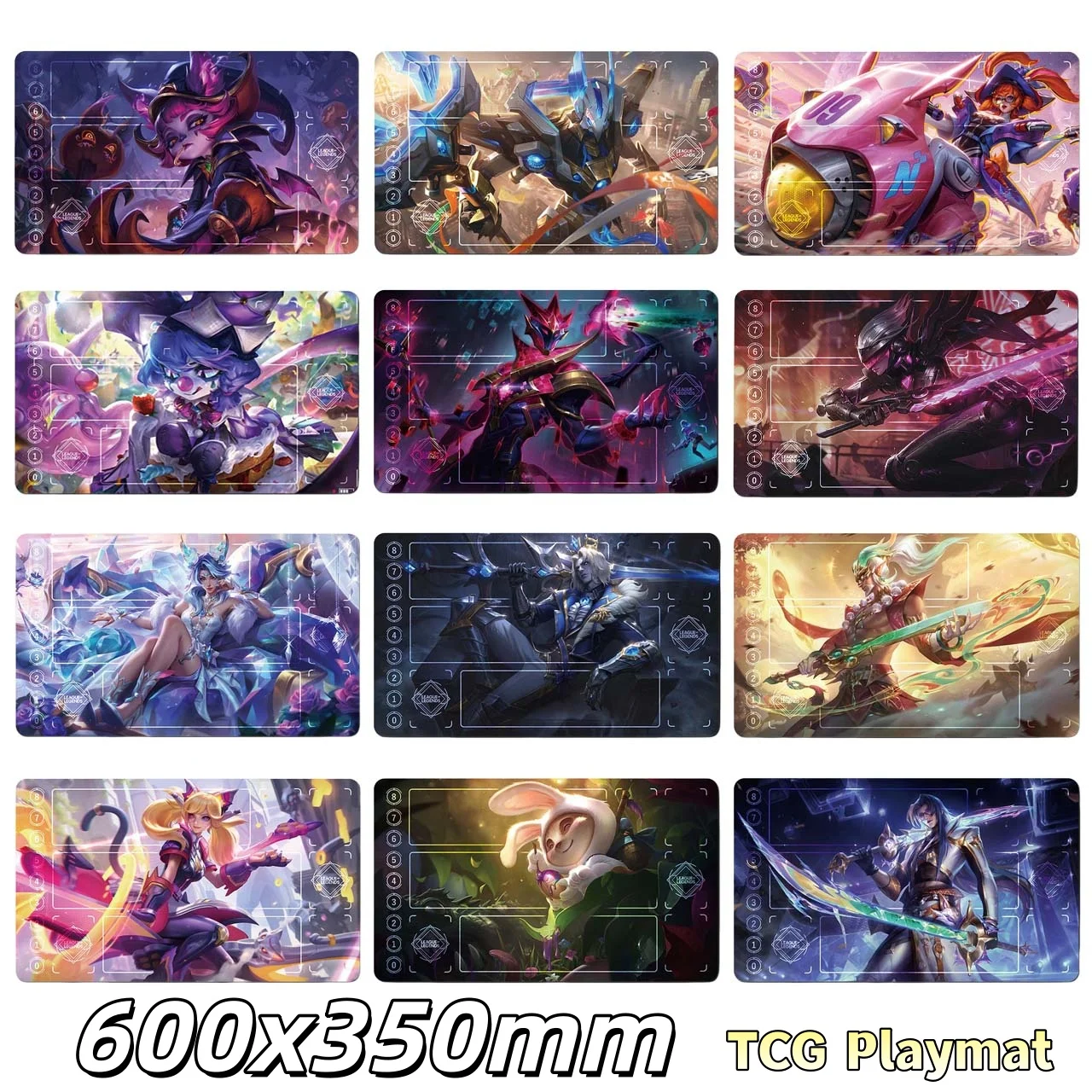 600x350mm Suitable for TCG Riftbounds Theme Diy Playmat Warwick Tristana Lulu Caitlyn 2mm Seam Edge Single Board Game Card Mat